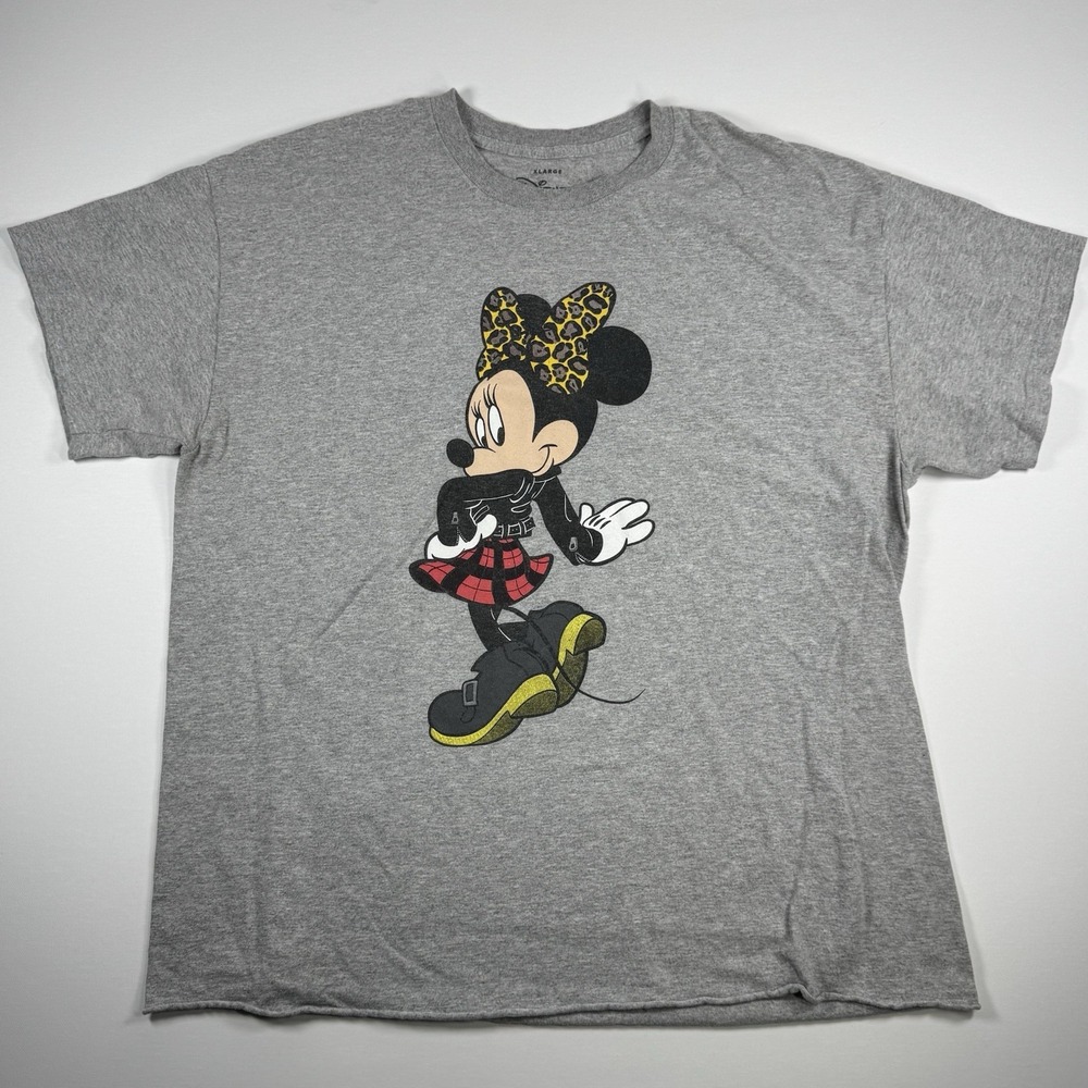 Disney Minnie Mouse Graphic T-Shirt Women's XL Gray Leopard Bow Punk Plaid